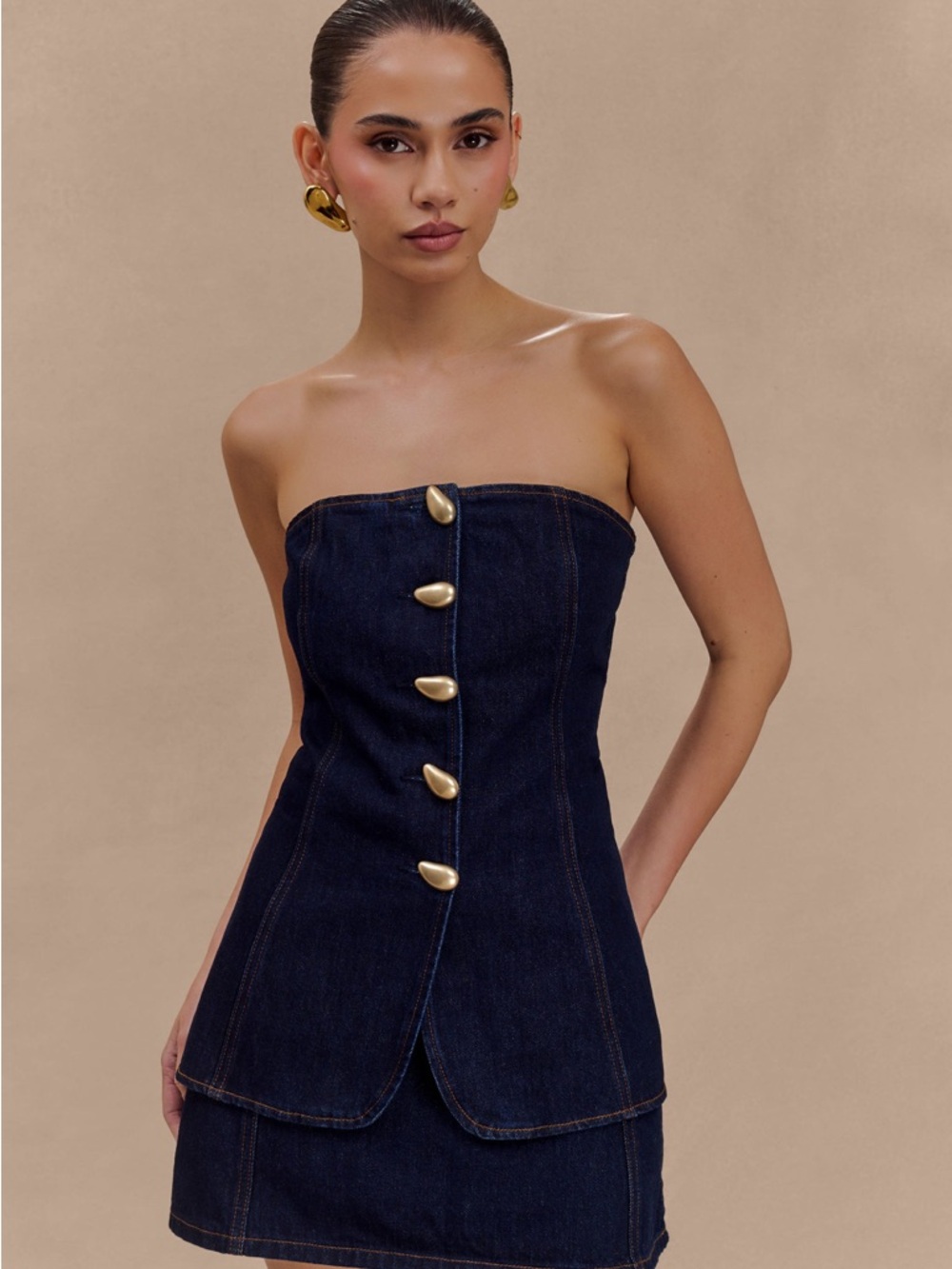 Meshki Lennox Strapless Long Line Button Top - Indigo Blue XS NWT
